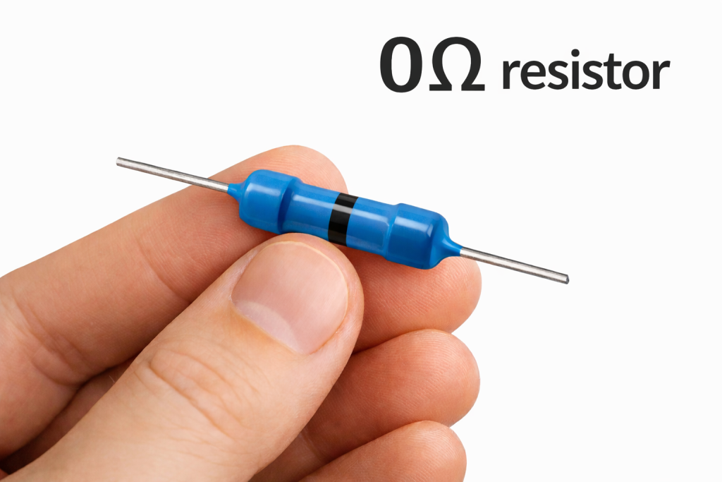 Hand holding a blue 0Ω resistor against a white background with the text 0Ω resistor in the top right