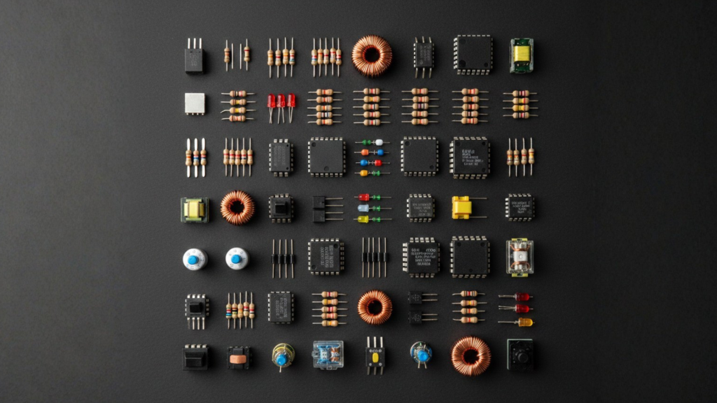 Assorted electronic components laid out in a grid on a dark background for a PCB components guide