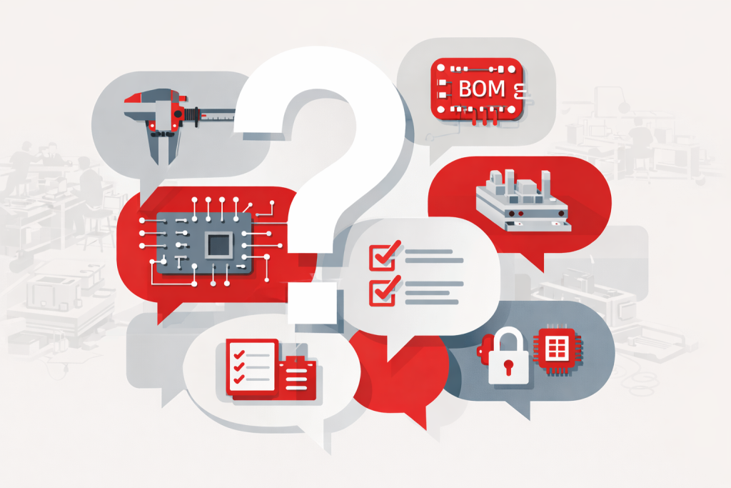 Infographic highlighting 10 critical questions for a DFM audit, including BOM management, testability, and golden sample validation in electronic manufacturing.