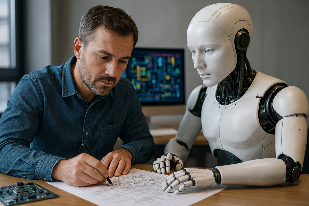 Engineer and AI robot collaborating on electronics circuit design at a desk