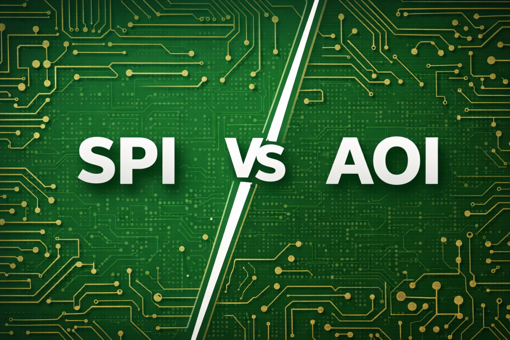 Graphic comparison of SPI and AOI in SMT manufacturing with PCB style background