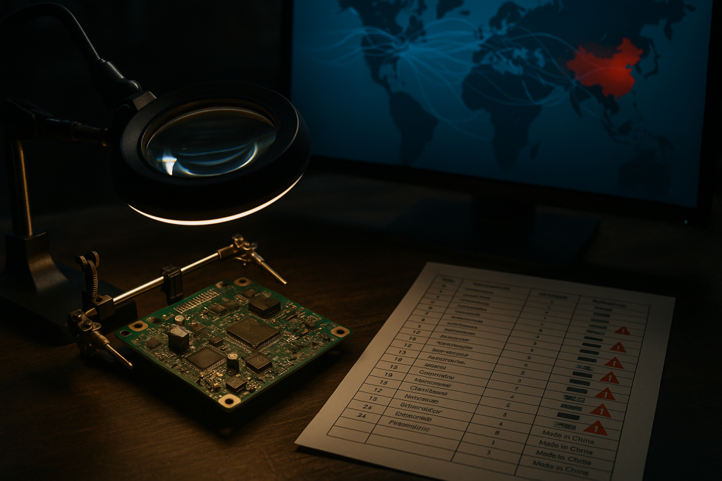 Engineer desk with PCB under magnifier, BOM sheet showing Made in China components, and world map highlighting China on screen