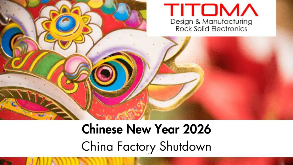 Colorful Chinese lion mask with “Chinese New Year 2026 – China Factory Shutdown” title by Titoma, representing factory closure dates during Spring Festival in China.