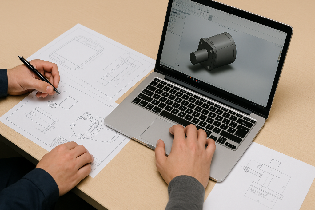 Two engineers working on a hardware component design using CAD software on a laptop and technical drawings on paper
