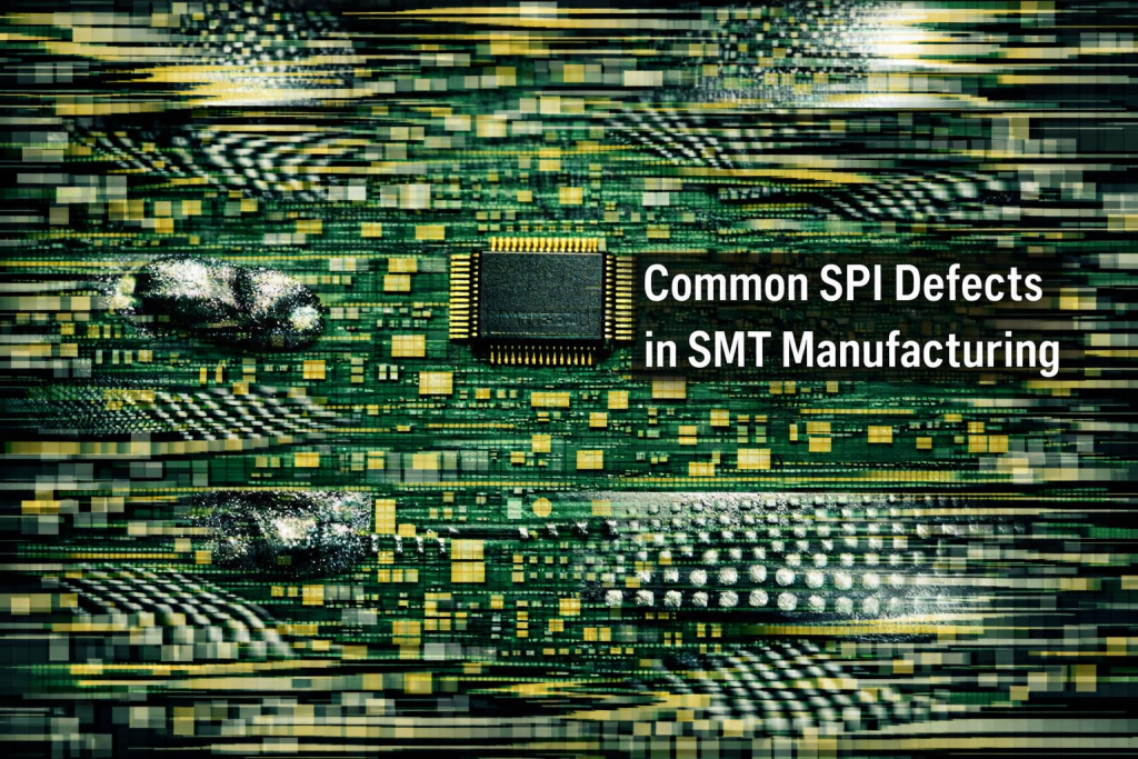 Glitch style PCB image with distorted SMT board and the text Common SPI Defects in SMT Manufacturing