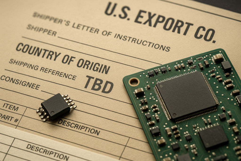 Printed circuit board and microchip on export document showing Country of Origin as TBD