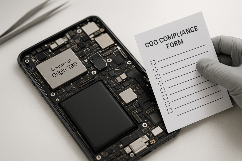 Opened electronics device showing internal components labeled ‘Country of Origin: TBD’ with a compliance checklist being held beside it