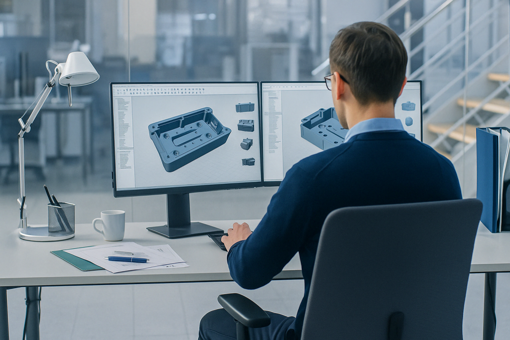 Engineer reviewing 3D CAD model and technical drawings on dual monitors in a modern office, representing Design for Manufacturing (DFM) in 2025