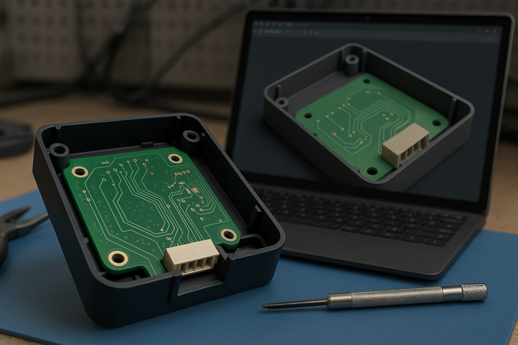 PCB mounted inside enclosure not matching CAD design shown on laptop screen – visualizing DFM issues in electronics