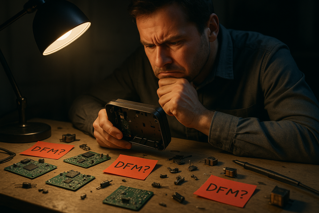 Engineer examining failed electronics assembly surrounded by PCB parts and red notes labeled DFM