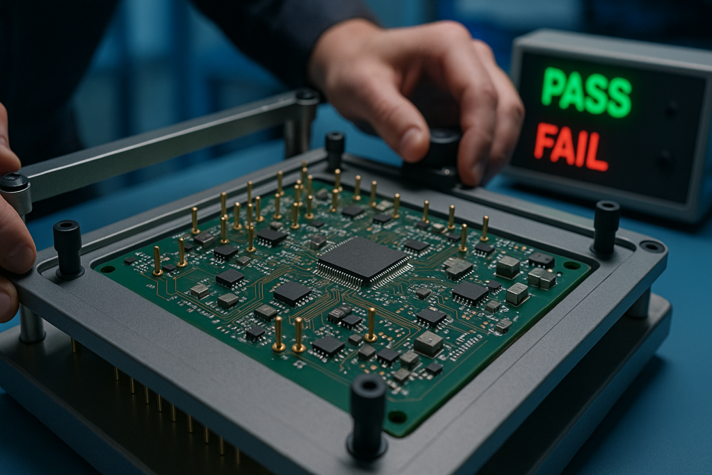Printed circuit board on a bed-of-nails test fixture with spring-loaded pins, PASS and FAIL indicators glowing, illustrating DFM test strategy in electronics manufacturing.