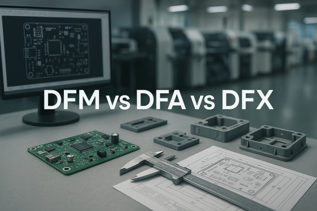 PCB design, CAD drawings, and injection-molded parts on a manufacturing workbench representing DFM vs DFA vs DFX in electronics product development