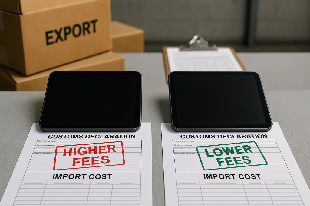 Two identical electronic products with customs documents showing different import costs, one labeled higher fees and the other lower fees due to country of origin.