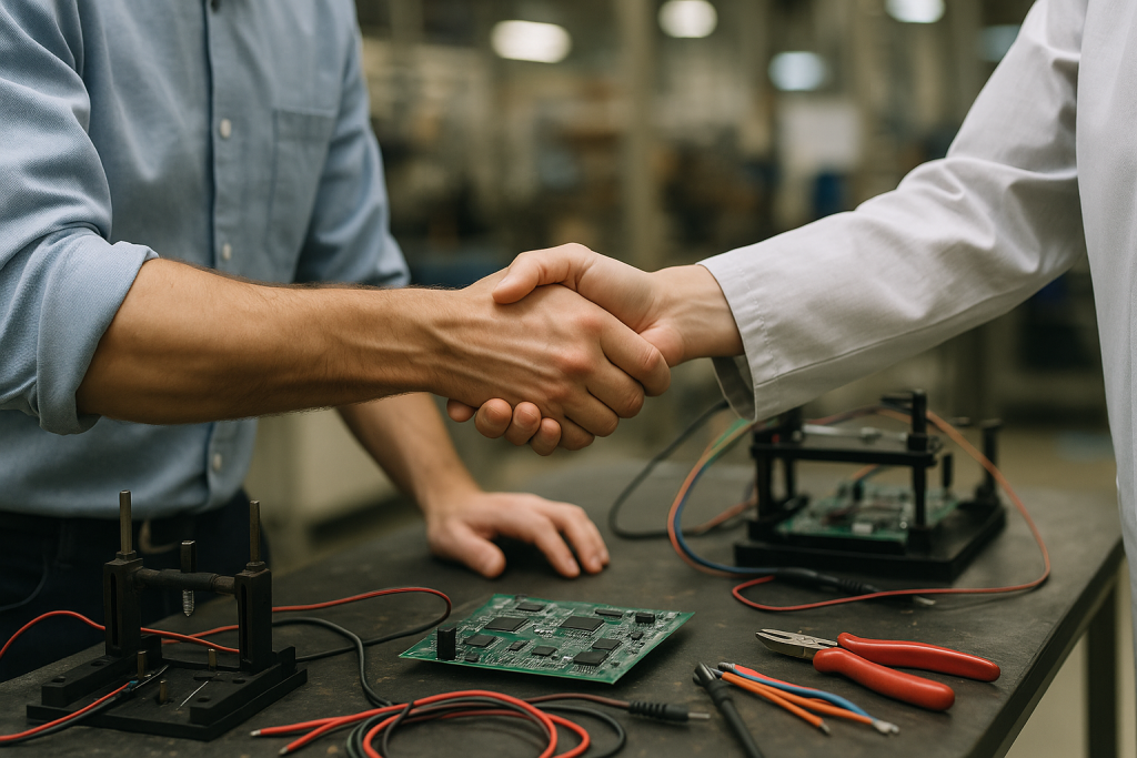 Handshake between two engineers in an electronics assembly setting with PCBs and test tools