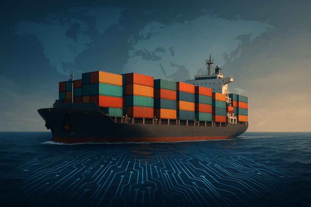Cargo ship carrying containers at sea with circuit board patterns in water, symbolizing global electronics supply chains 2025