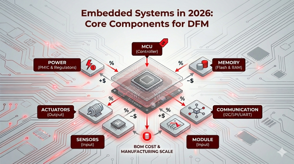 Infographic showing the 7 core components of embedded systems including MCU, Power, Memory, and Communication, optimized for BOM cost and DFM scale in 2026.