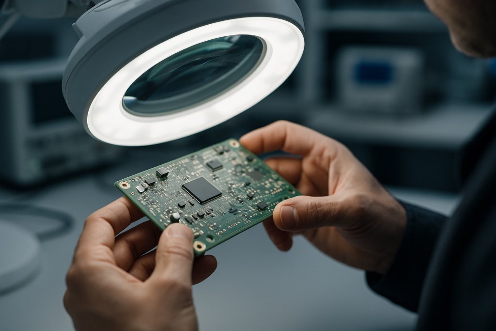 Electronics engineer inspecting a PCB under magnifying light during design for manufacturing process