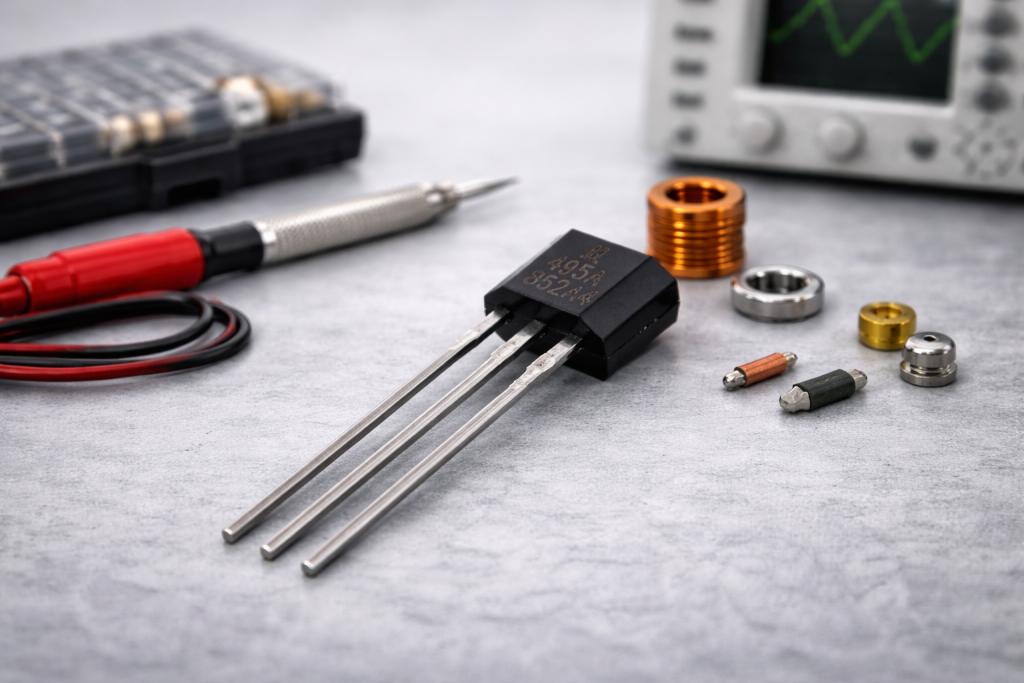 Close-up of a Hall effect sensor on a workbench beside a magnet, PCB, breadboard, resistor, and tweezers
