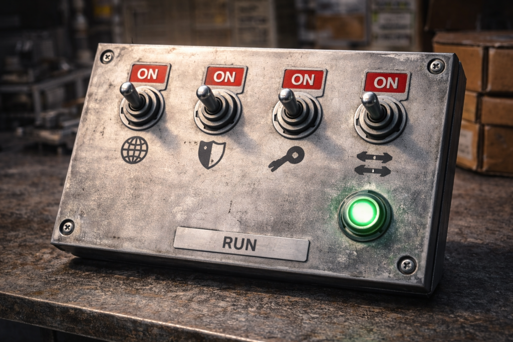 Industrial control panel symbolizing hardware NPI readiness with trade, security, IP, and concurrent engineering switches and a green RUN light.