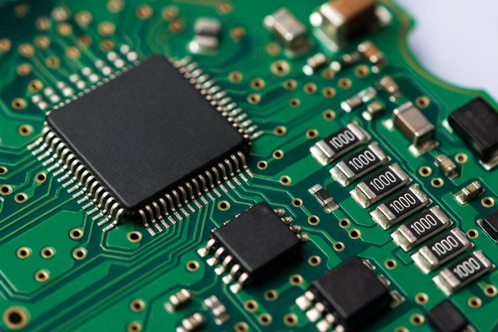 Close-up of a green printed circuit board showing ICs, resistors labeled 1000, and detailed solder traces.