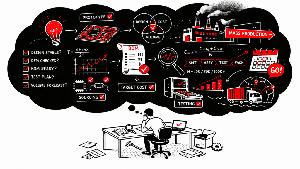 Illustration of a hardware founder planning how to approach a manufacturer for mass production, with icons for DFM, BOM, sourcing, testing, cost, and logistics