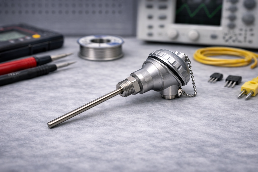 Industrial temperature sensor probe on a gray workbench with blurred test equipment in the background
