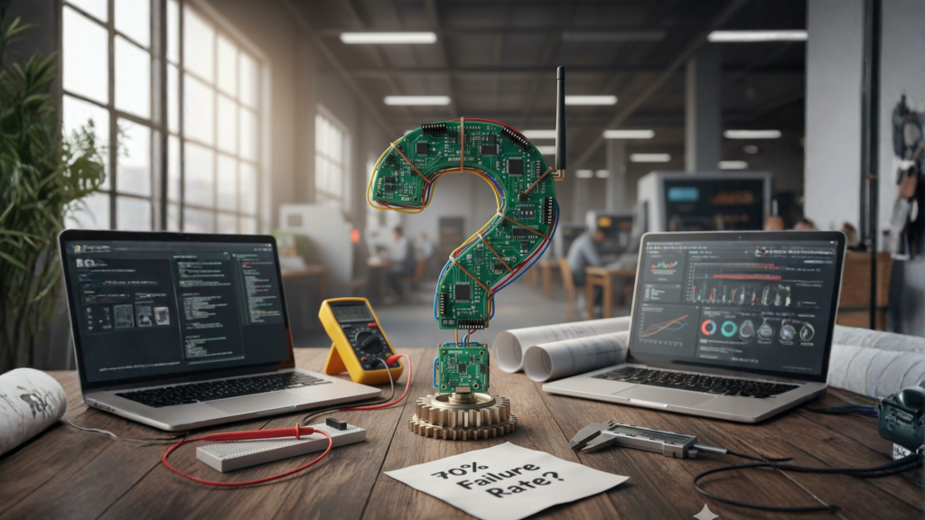 A question mark constructed from IoT circuit boards and wires on an engineering workbench to represent IoT project failure questions.