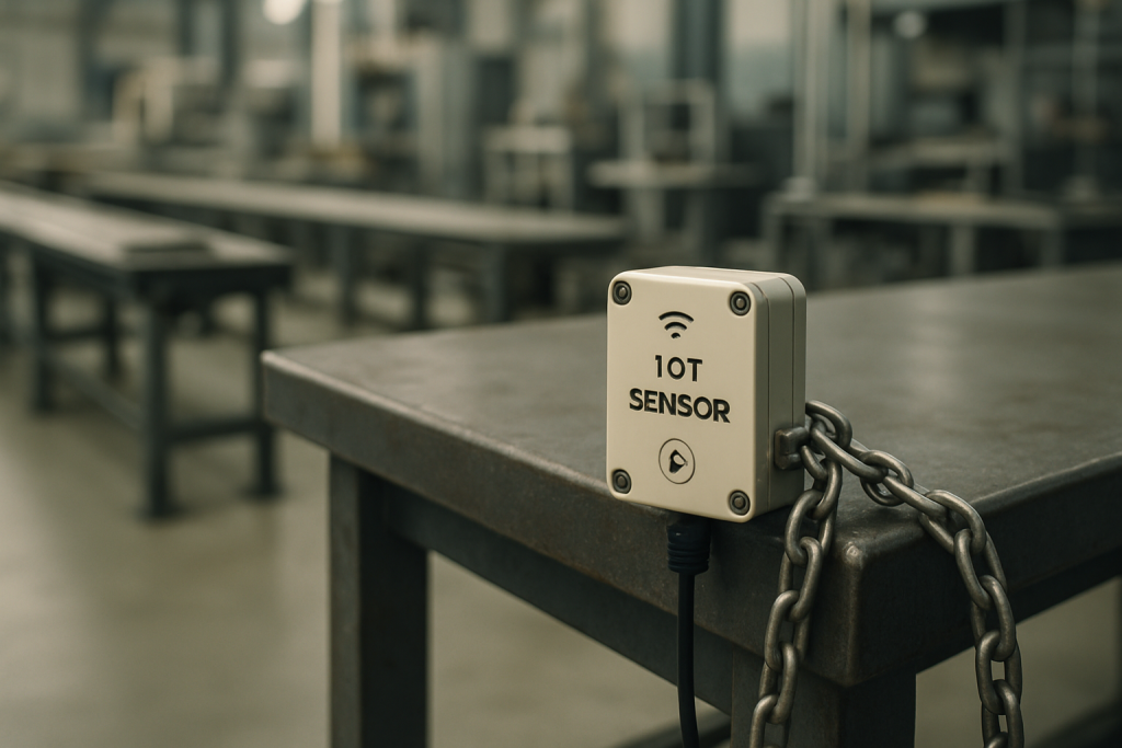 IoT sensor chained to a metal workbench in a factory, symbolizing ODM lock-in risk