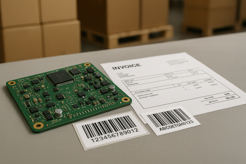 Printed circuit board next to shipping invoice and barcodes on a warehouse table, representing landed cost in electronics manufacturing.