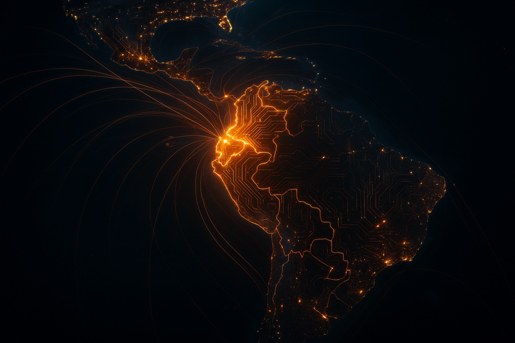 Map of Latin America glowing with circuit-like patterns, Colombia highlighted as a central hub.