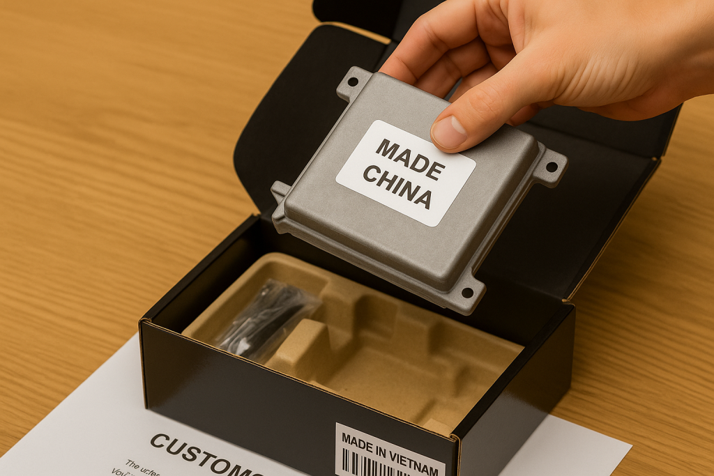 Close-up of a hand revealing a product labeled Made in China inside a box marked Made in Vietnam, highlighting labeling conflict in electronics manufacturing.