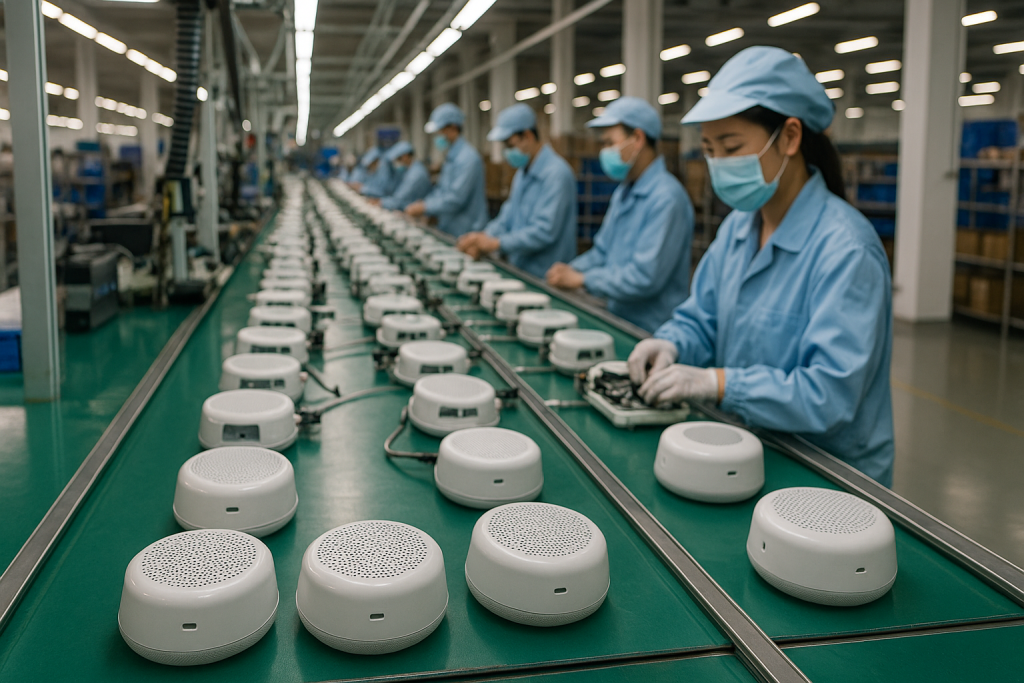 Workers assemble smart speaker-style consumer electronics on a mass production line in a factory.