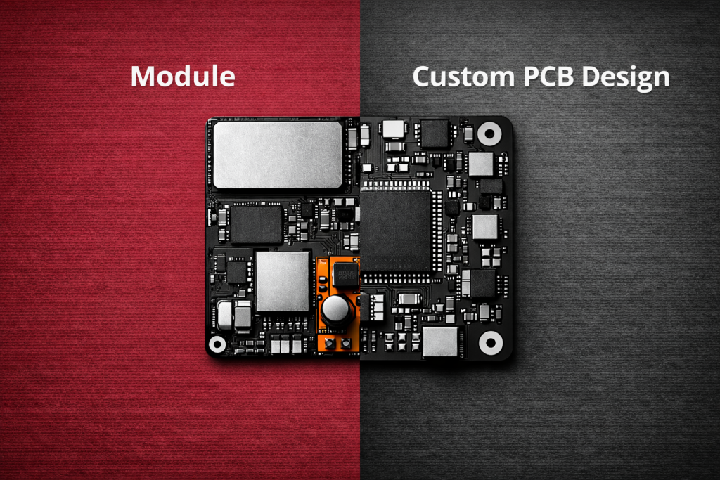 Split feature image showing half module based board and half custom PCB on maroon and dark gray background