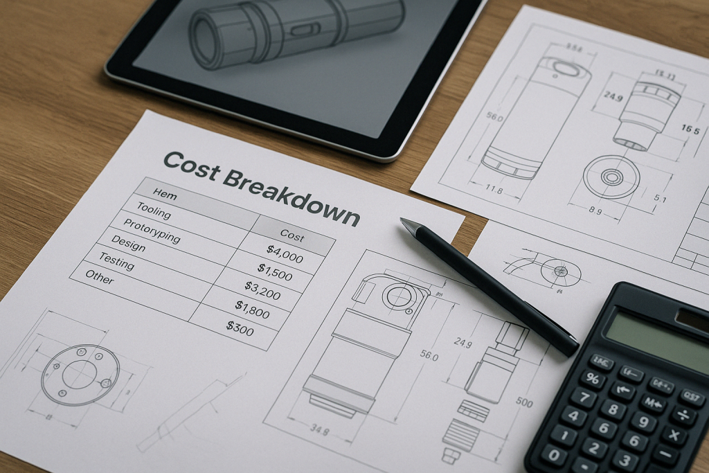 Cost breakdown and product design documents on desk with calculator and CAD model