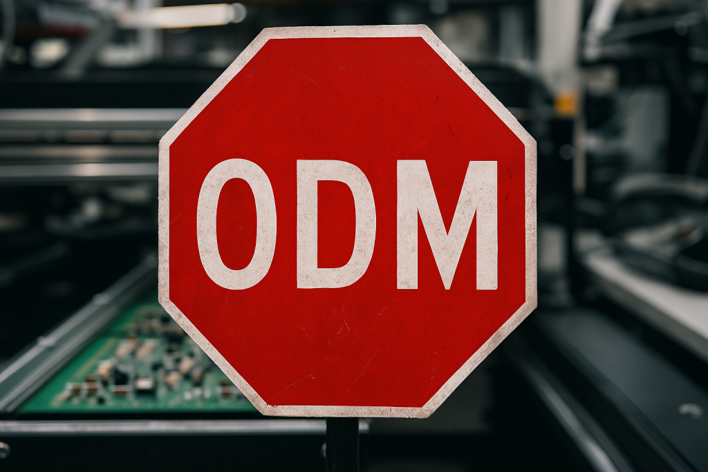 Red stop sign labeled “ODM” in front of a blurred electronics manufacturing background with PCB assembly equipment