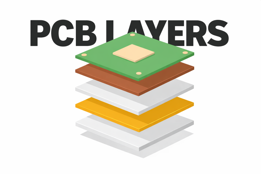 Exploded PCB stackup showing multiple board layers separated in a layered view