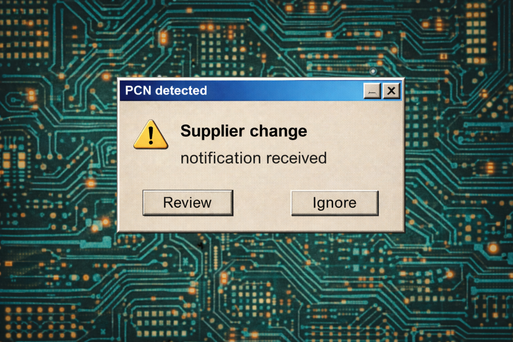Retro Windows-style alert showing PCN detected over a circuit board background