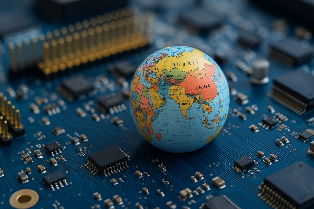Close-up of a globe showing China and India placed on a blue circuit board with electronic components