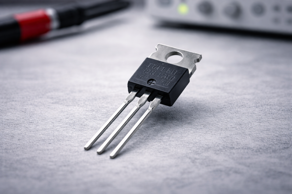 Close-up of a TO-220 power transistor on a gray workbench with blurred test equipment in the background