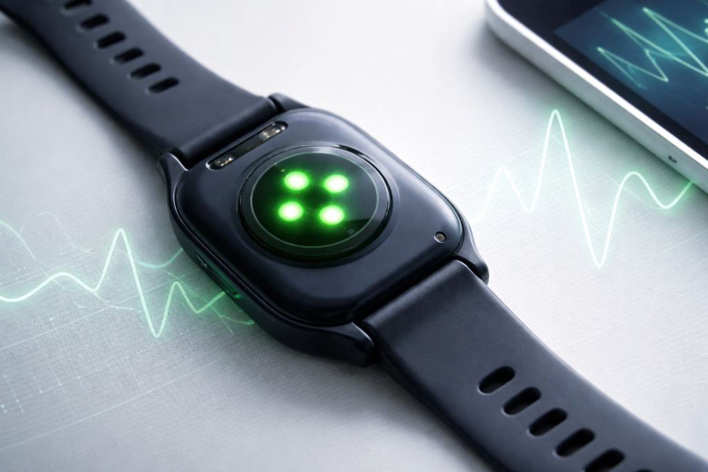 PPG sensor on the back of a wearable showing green LEDs for optical heart rate monitoring