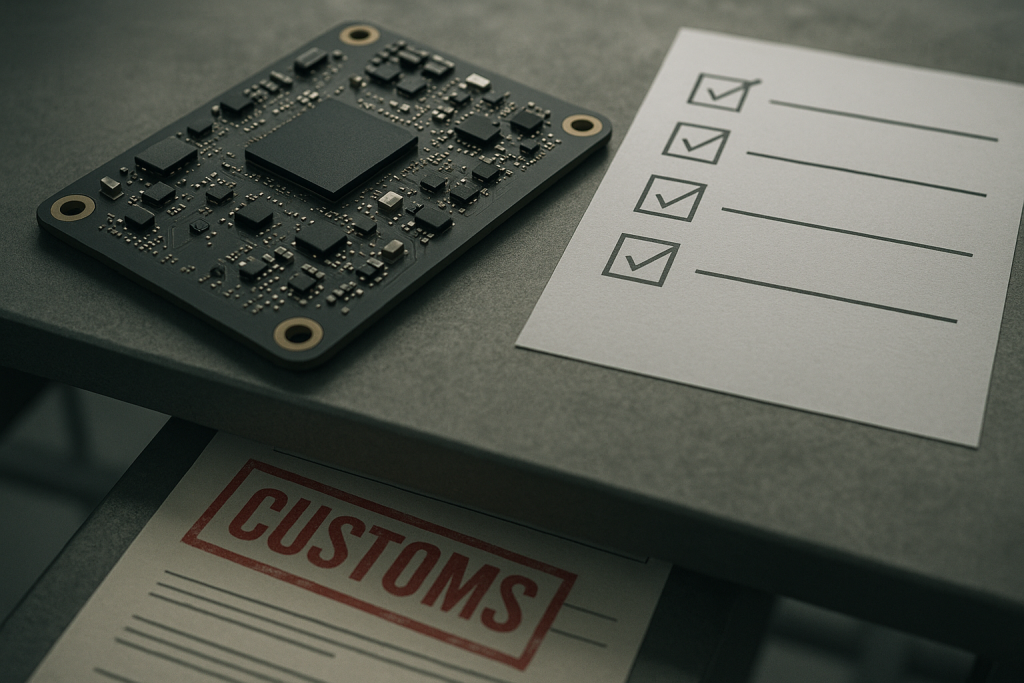Electronic circuit board with a completed BOM checklist on a table, while a customs document is partially hidden beneath the surface, symbolizing overlooked import costs.