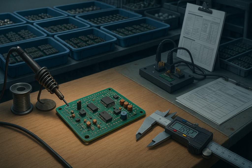Electronics prototype with soldering iron and caliper on workbench next to production trays and test tools