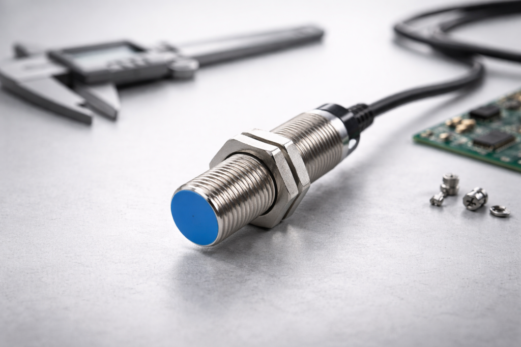 Metal cylindrical proximity sensor on an engineering workbench with a caliper, PCB, and small fasteners in the background