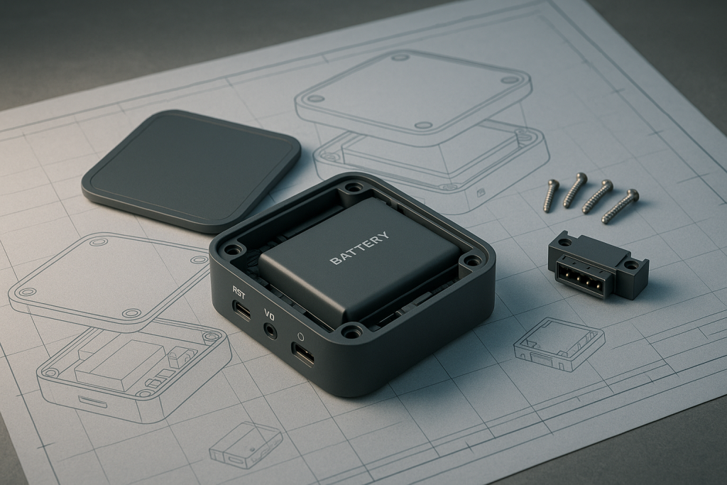 Open IoT device on a blueprint, showing battery, screws, and modular connector—highlighting repairable design.