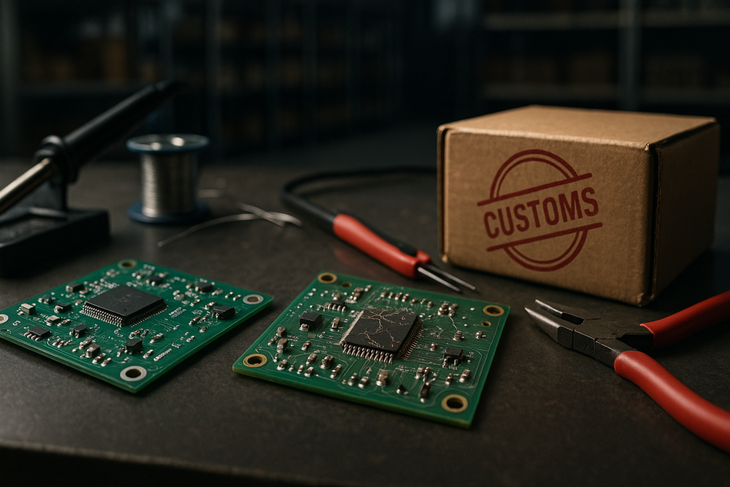 Two electronic circuit boards on a workbench, one cracked, next to a box stamped CUSTOMS, symbolizing risks of prototyping electronics in China.