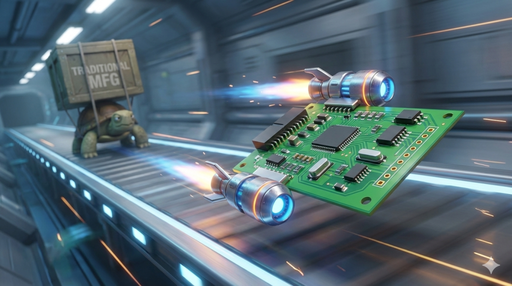 A cinematic 3D illustration of a Printed Circuit Board (PCB) equipped with rocket thrusters zooming down a track, symbolizing the strategy to speed up electronics launch and reduce manufacturing risk.