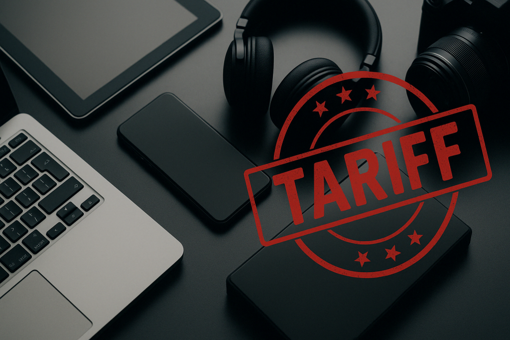 A digital image of modern tech products overlaid with a bold red tariff stamp, symbolizing trade pressure on Chinese electronics manufacturing in 2025.