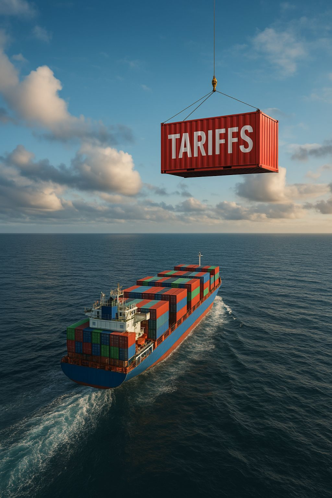Shipping container labeled “TARIFFS” being lowered onto a cargo ship at sea