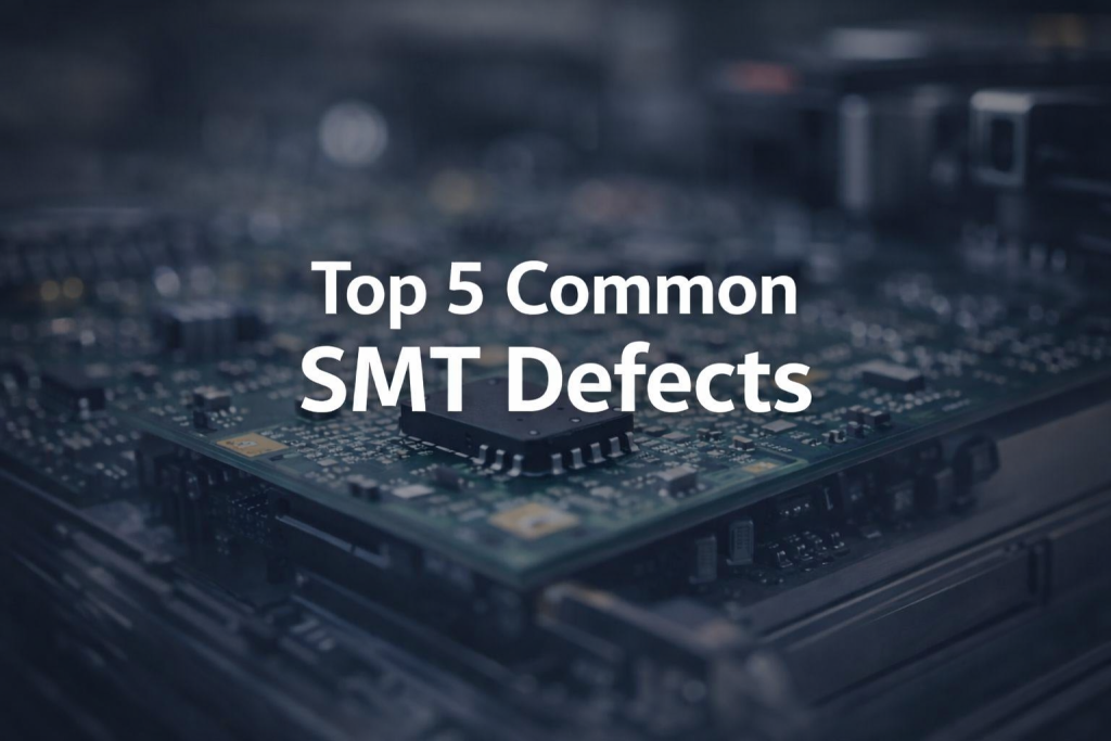 Blurred SMT circuit board background with the headline Top 5 Common SMT Defects in white text