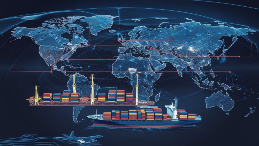 Global trade and supply chain visualization with cargo ships and digital world map showing key trade routes between China, India, and North America